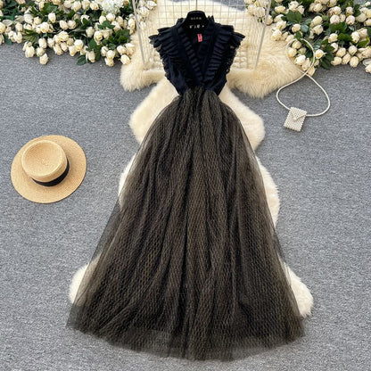 Sleeveless V-Neck Solid Ruffle Trim Sheer Floor-Length A-Line Gown