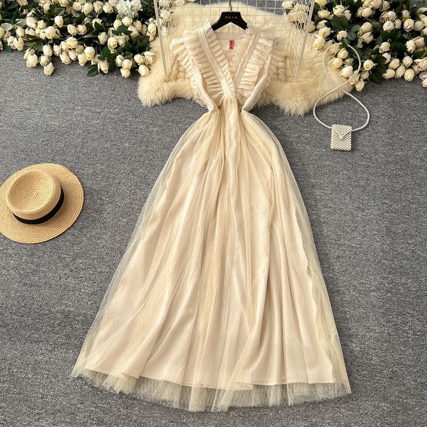 Sleeveless V-Neck Solid Ruffle Trim Sheer Floor-Length A-Line Gown