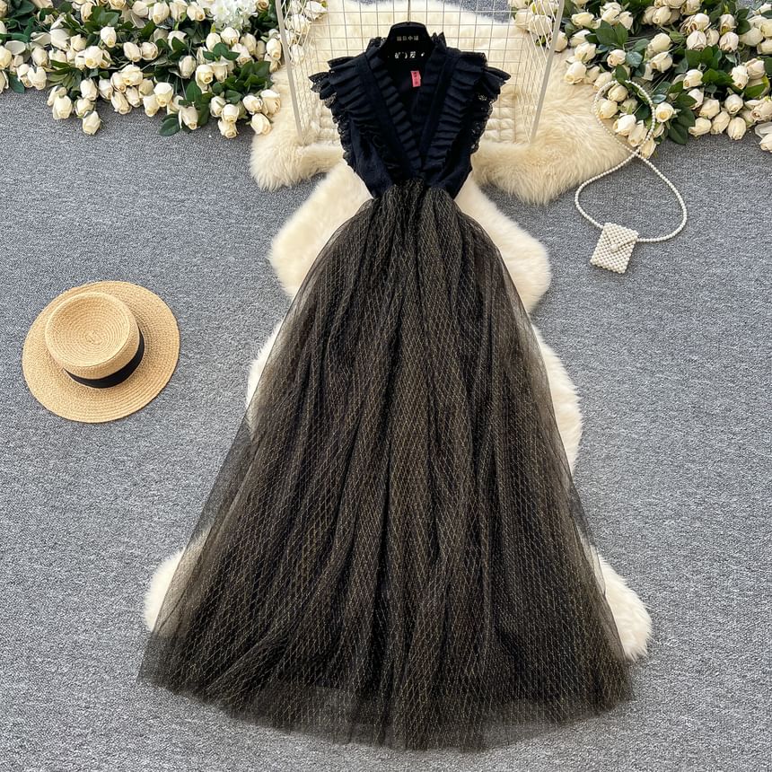 Sleeveless V-Neck Solid Ruffle Trim Sheer Floor-Length A-Line Gown