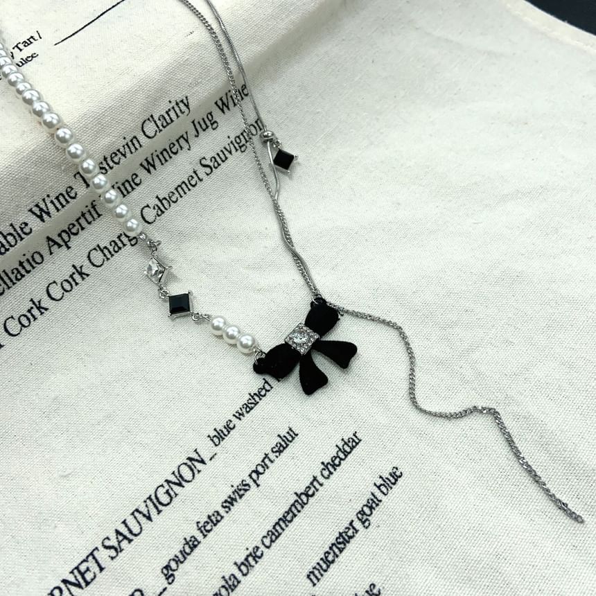 Bow Rhinestone Faux Pearl Lariat Necklace