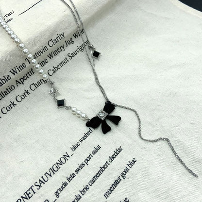 Bow Rhinestone Faux Pearl Lariat Necklace