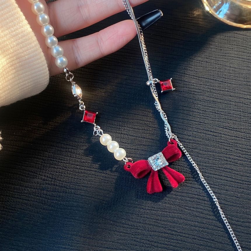 Bow Rhinestone Faux Pearl Lariat Necklace