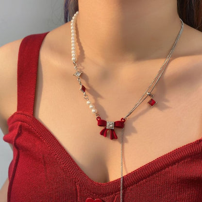 Bow Rhinestone Faux Pearl Lariat Necklace
