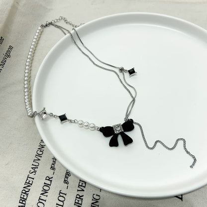 Bow Rhinestone Faux Pearl Lariat Necklace