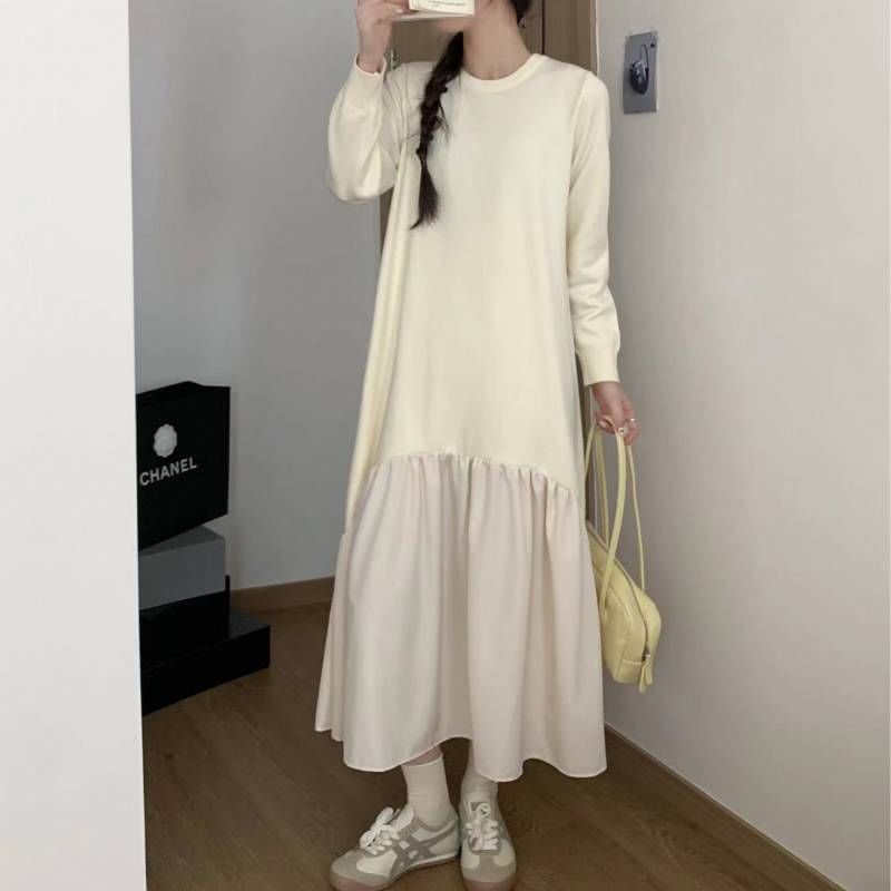 Long Sleeve Crew Neck Solid Gathered Panel Knit Maxi A-Line Gown