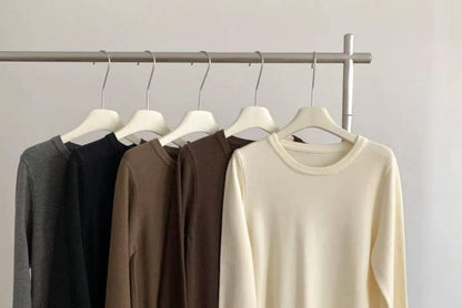Long Sleeve Crew Neck Solid Gathered Panel Knit Maxi A-Line Gown