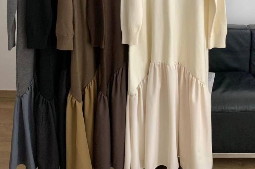 Long Sleeve Crew Neck Solid Gathered Panel Knit Maxi A-Line Gown