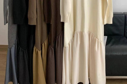 Long Sleeve Crew Neck Solid Gathered Panel Knit Maxi A-Line Gown