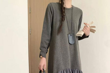 Long Sleeve Crew Neck Solid Gathered Panel Knit Maxi A-Line Gown