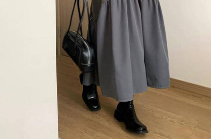 Long Sleeve Crew Neck Solid Gathered Panel Knit Maxi A-Line Gown