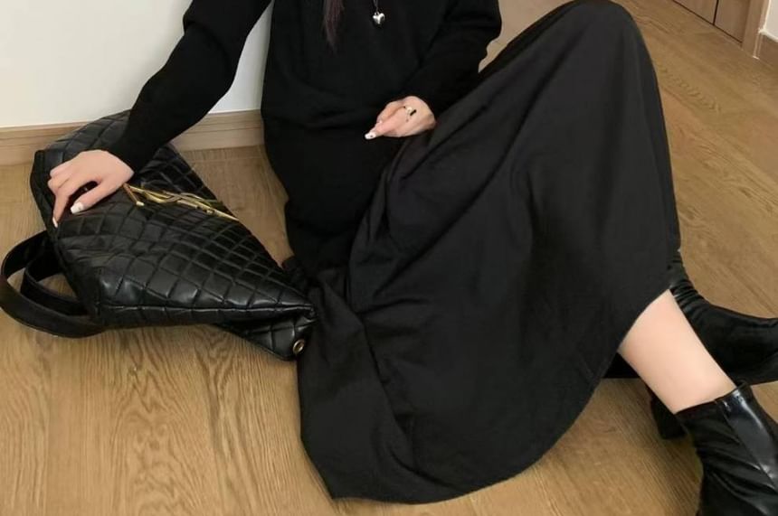 Long Sleeve Crew Neck Solid Gathered Panel Knit Maxi A-Line Gown