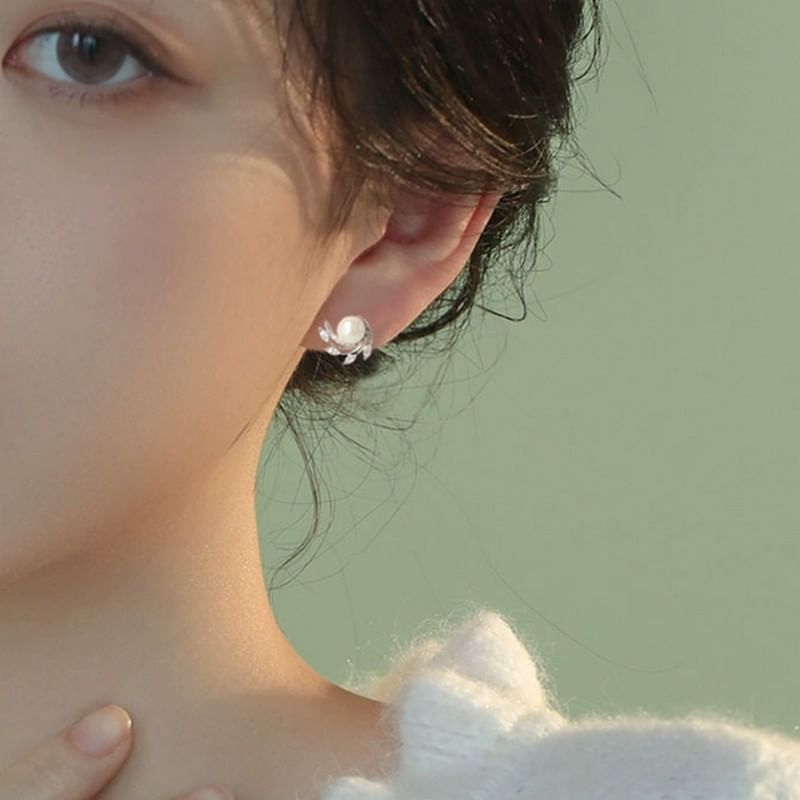 Faux Pearl Rhinestone Stud Earring / Clip On Earring