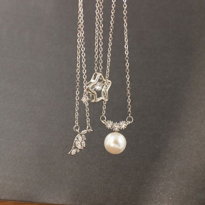 Star / Faux Pearl / Rhinestone Pendant Necklace
