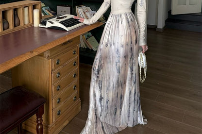 Long Sleeve Scoop Neck Tie-Dye Panel Full-Length Flared Dress