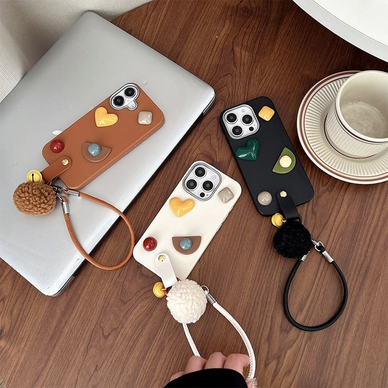 Geometric Phone Case with Pom Pom Strap