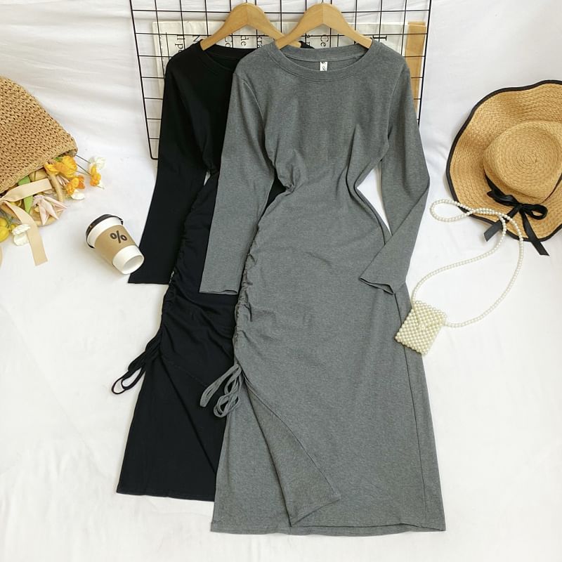 Long Sleeve Crew Neck Drawstring Slit Sheath Maxi Dress