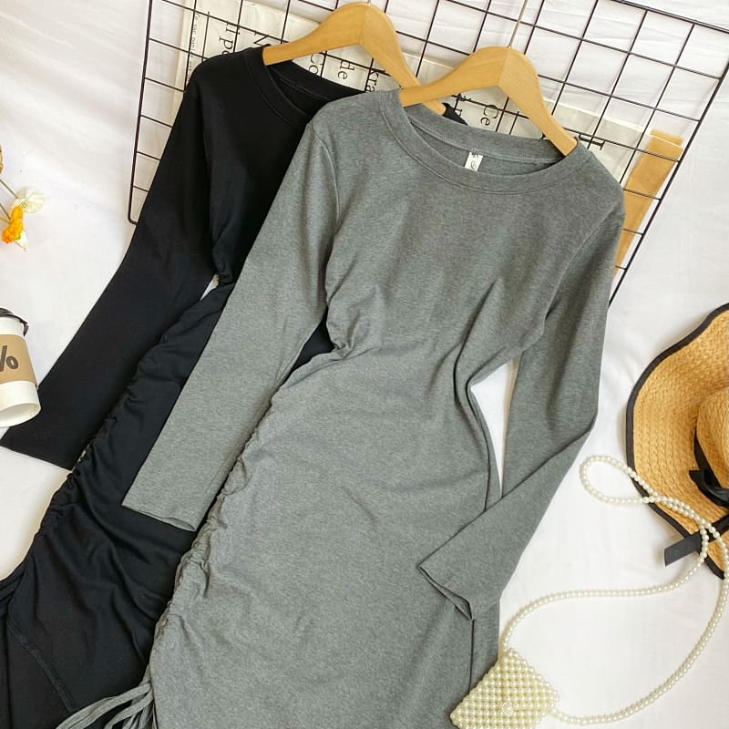 Long Sleeve Crew Neck Drawstring Slit Sheath Maxi Dress