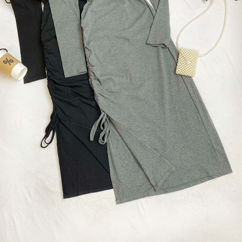 Long Sleeve Crew Neck Drawstring Slit Sheath Maxi Dress