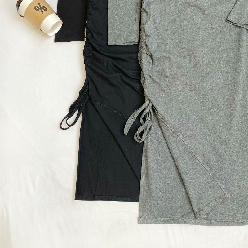 Long Sleeve Crew Neck Drawstring Slit Sheath Maxi Dress