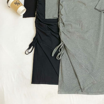Long Sleeve Crew Neck Drawstring Slit Sheath Maxi Dress