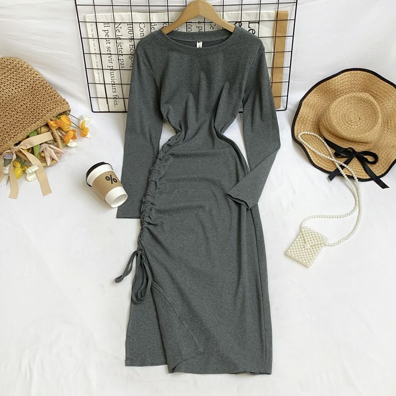 Long Sleeve Crew Neck Drawstring Slit Sheath Maxi Dress