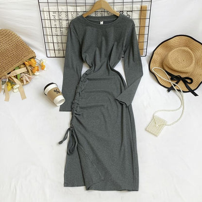 Long Sleeve Crew Neck Drawstring Slit Sheath Maxi Dress