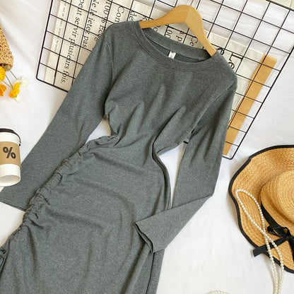Long Sleeve Crew Neck Drawstring Slit Sheath Maxi Dress