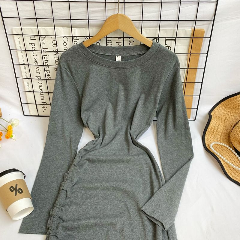 Long Sleeve Crew Neck Drawstring Slit Sheath Maxi Dress