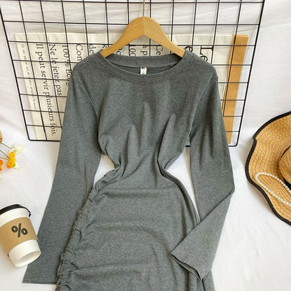 Long Sleeve Crew Neck Drawstring Slit Sheath Maxi Dress