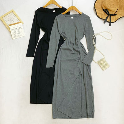 Long Sleeve Crew Neck Ruched Slit Sheath Maxi Dress