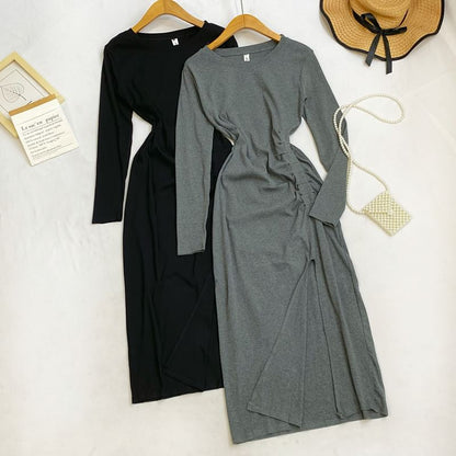 Long Sleeve Crew Neck Ruched Slit Sheath Maxi Dress