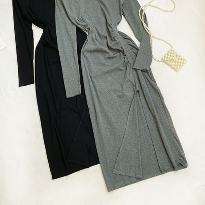 Long Sleeve Crew Neck Ruched Slit Sheath Maxi Dress