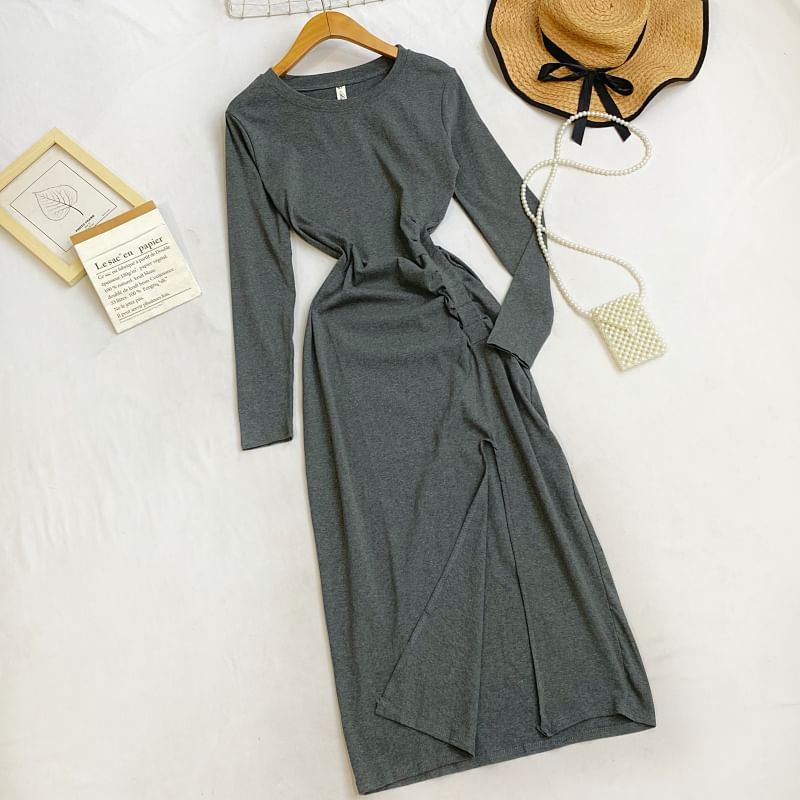 Long Sleeve Crew Neck Ruched Slit Sheath Maxi Dress