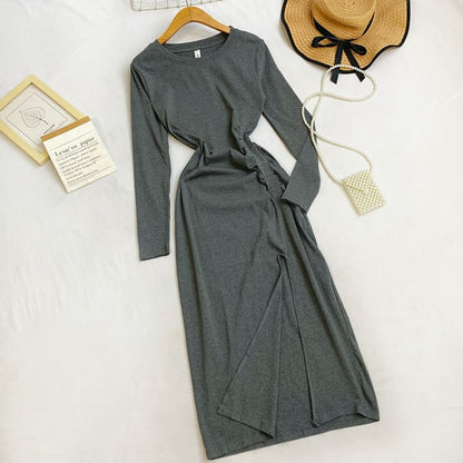 Long Sleeve Crew Neck Ruched Slit Sheath Maxi Dress