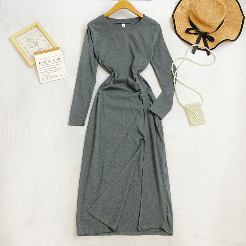 Long Sleeve Crew Neck Ruched Slit Sheath Maxi Dress