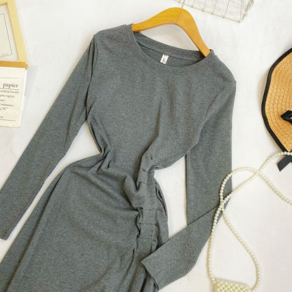 Long Sleeve Crew Neck Ruched Slit Sheath Maxi Dress