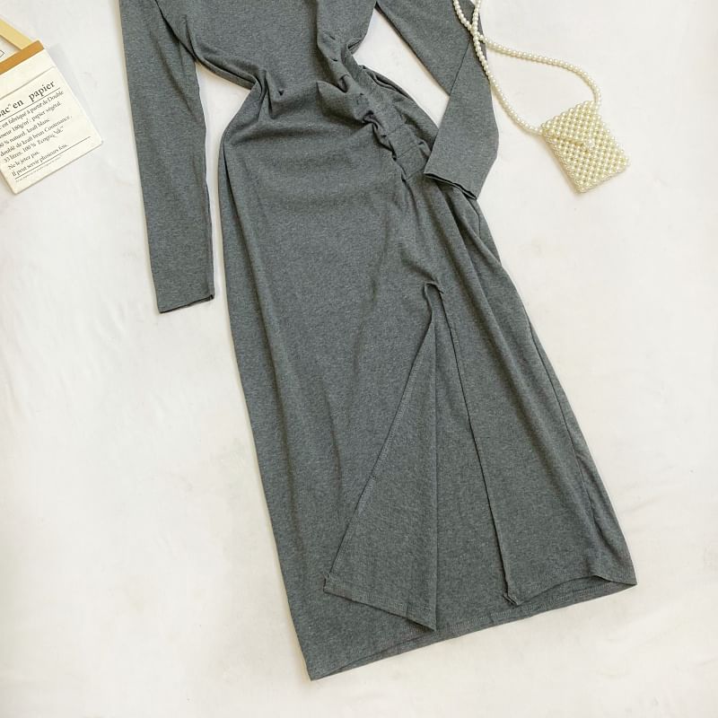 Long Sleeve Crew Neck Ruched Slit Sheath Maxi Dress
