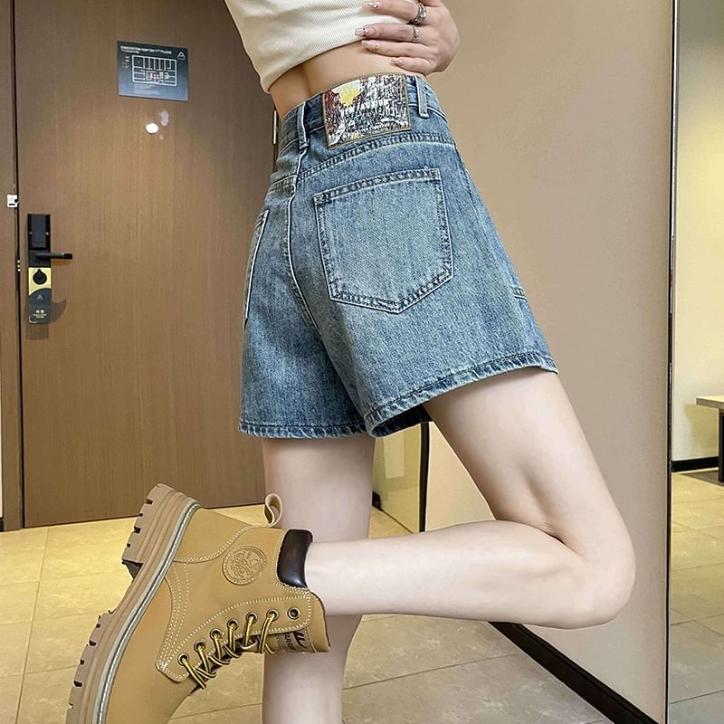 High Waist Washed Wide Leg Denim Shorts