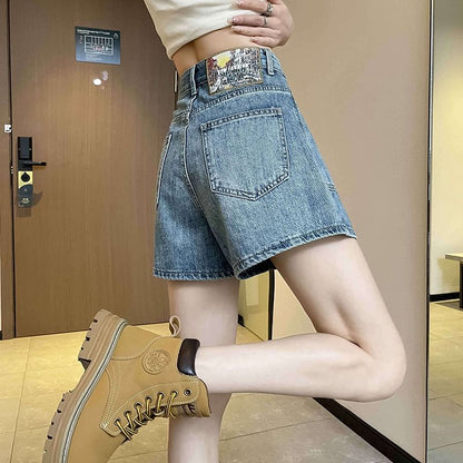 High Waist Washed Wide Leg Denim Shorts
