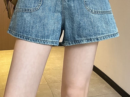 High Waist Washed Wide Leg Denim Shorts