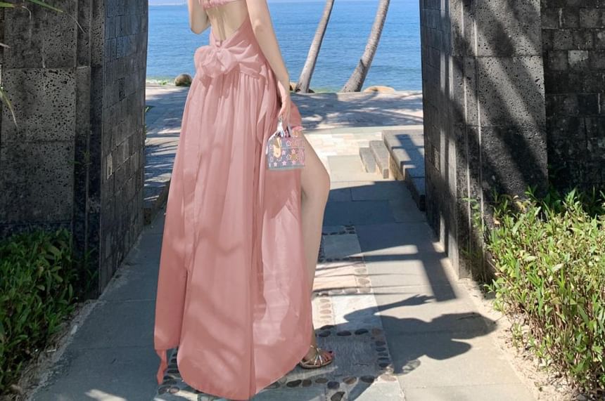 Halter Neck Cutout Ruched Open Back A-Line Maxi Dress