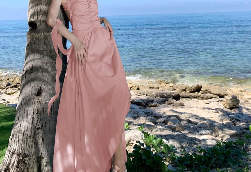 Halter Neck Cutout Ruched Open Back A-Line Maxi Dress