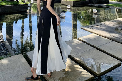 Spaghetti Strap V Neck Two Tone Open Back A-Line Maxi Dress