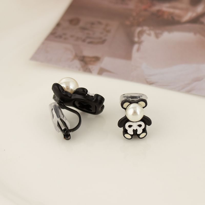 Faux Pearl Bear Stud Earring / Clip On Earring