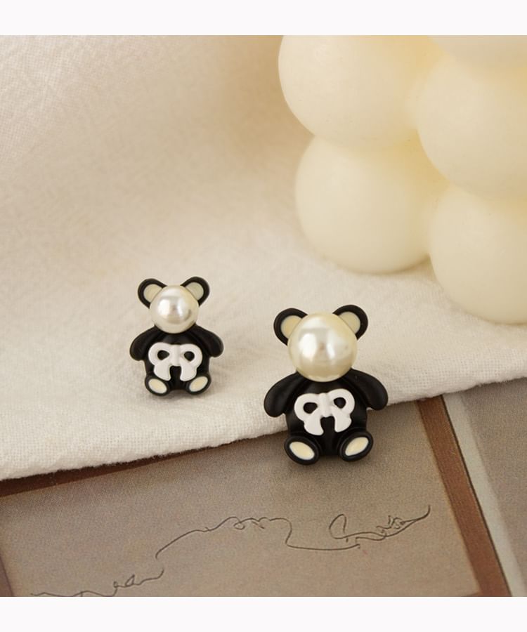 Faux Pearl Bear Stud Earring / Clip On Earring