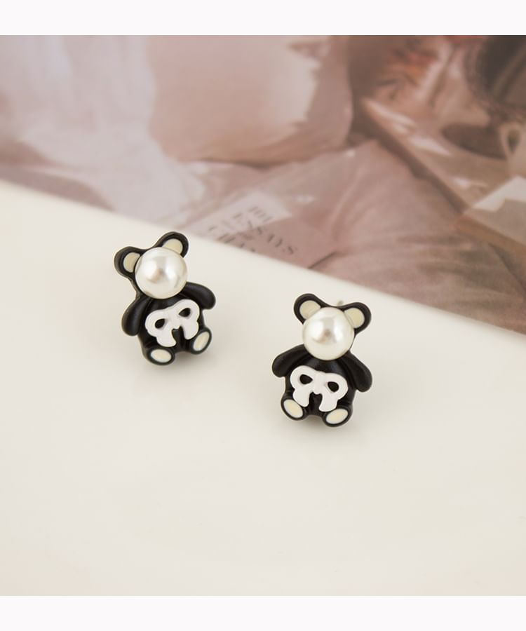Faux Pearl Bear Stud Earring / Clip On Earring