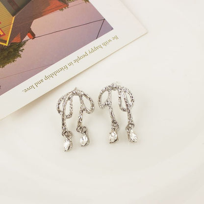 Rhinestone Bow Drop Earring / Clip On Earring