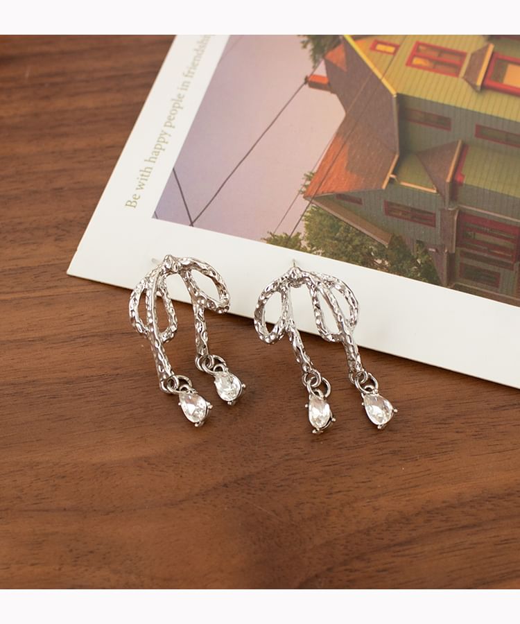 Rhinestone Bow Drop Earring / Clip On Earring