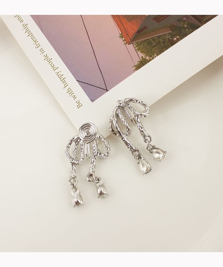 Rhinestone Bow Drop Earring / Clip On Earring