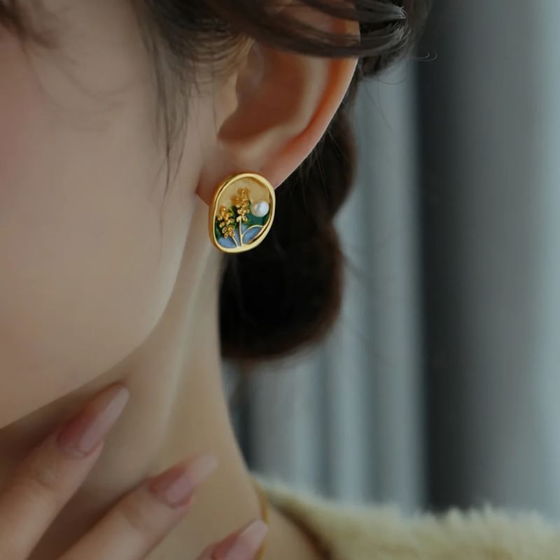 Faux Pearl Enamel Stud Earring / Clip On Earring